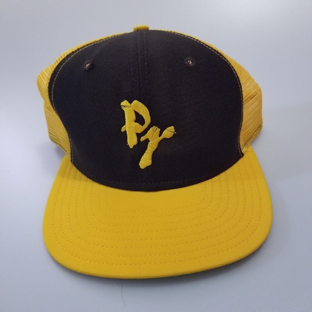 Vintage Pirates New Era Snapback Hat Cap Yellow Black Mesh Trucker USA 80s